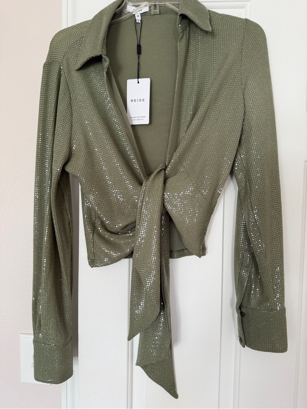 Reiss Olive Sequin Tie-Front Button Down Top